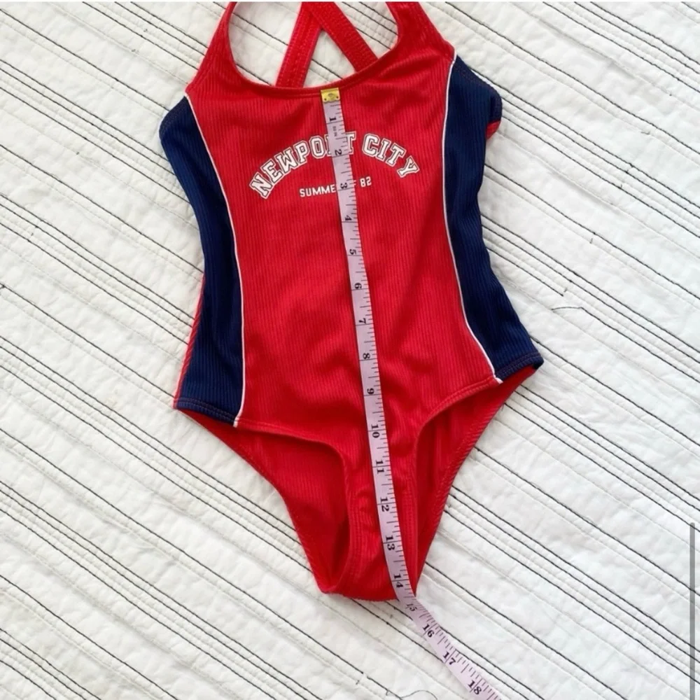 NWT ZARA Girls Ribbed Knit Retro One piece Swimsuit Bright Red Navy sz 6 - 7